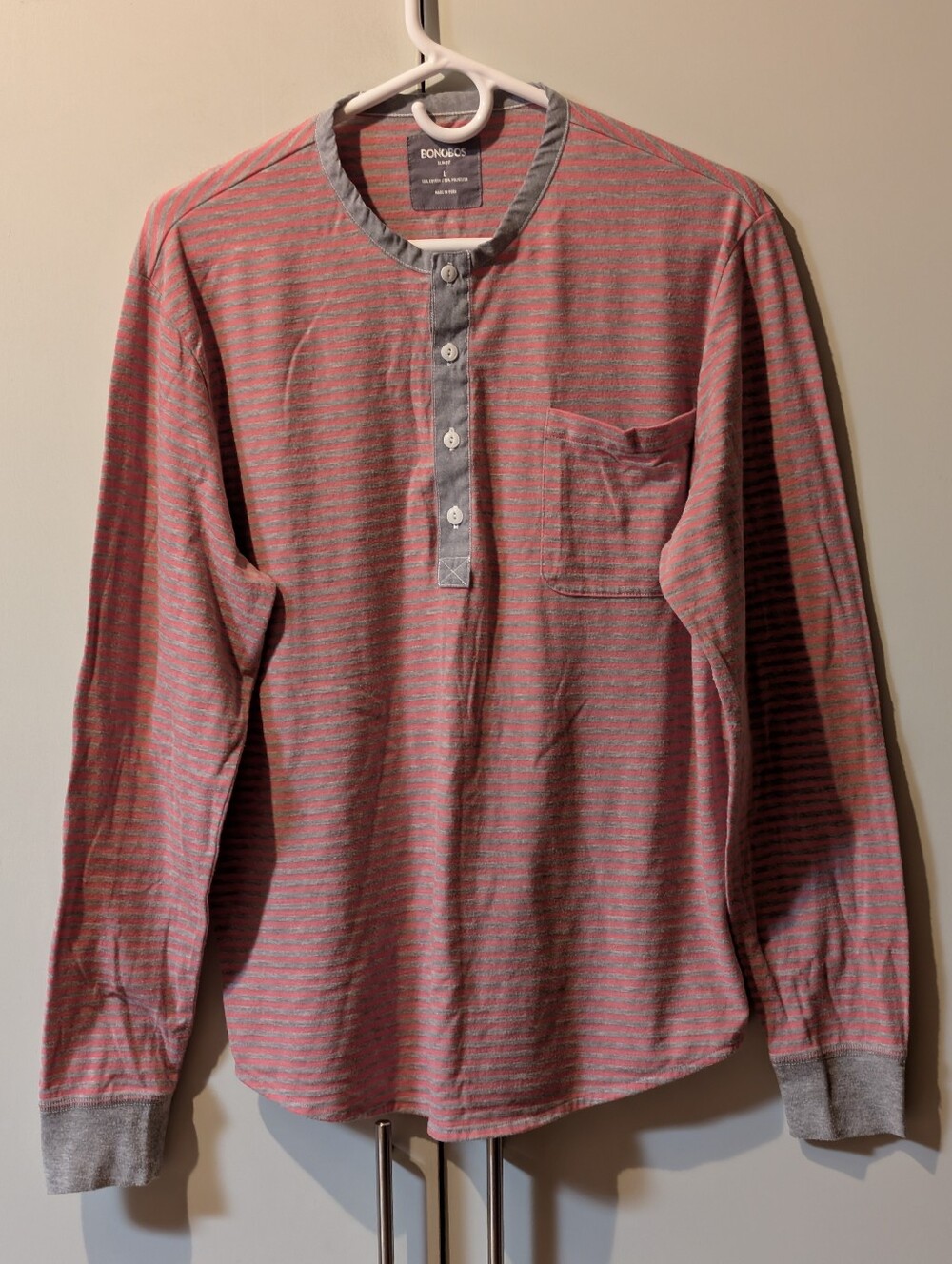 Bonobos Slim Fit Henley Shirt Mens Long Sleeve Striped Coral Pink/Grey (L)